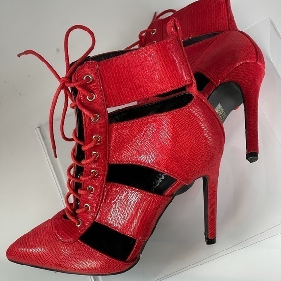 Fashion Nova Red Stiletto Pumps Heels Strappy Lace Up Ankle Boots Sexy, Sz 7 - Picture 3 of 8